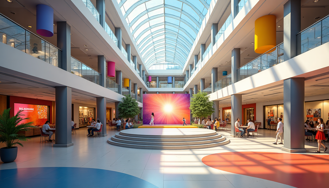 Professional shopping mall event setup with modern stage and vibrant decor for interactive Animateur Micro service