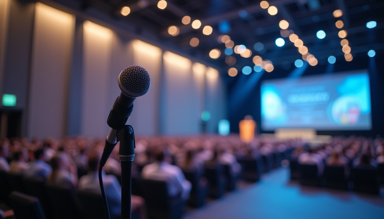 Modern convention stage with microphone and podium in elegant event space for professional MC