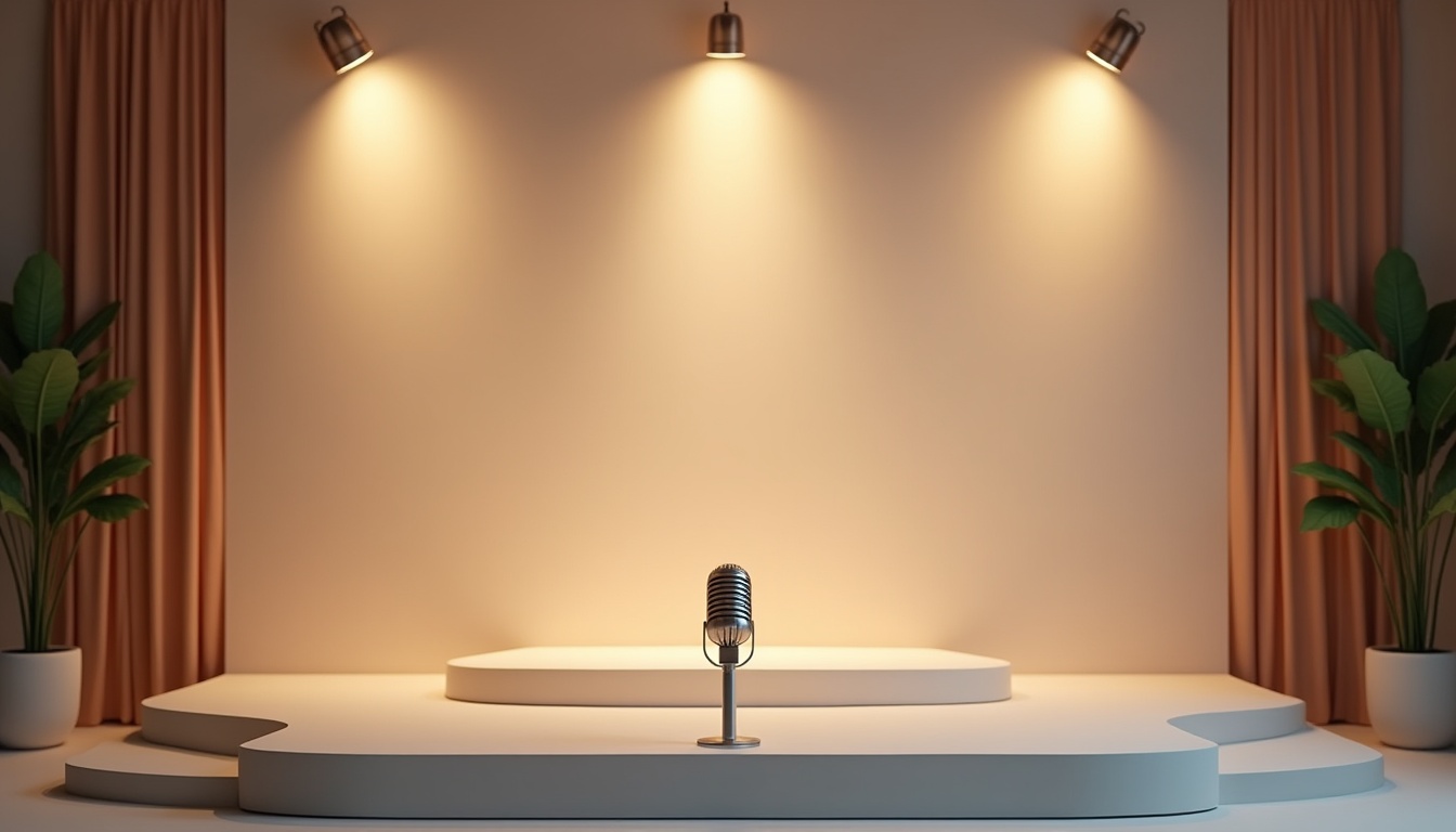 Modern exhibition stage with clean microphone and elegant lighting, highlighting professional animateur micro service for expo events