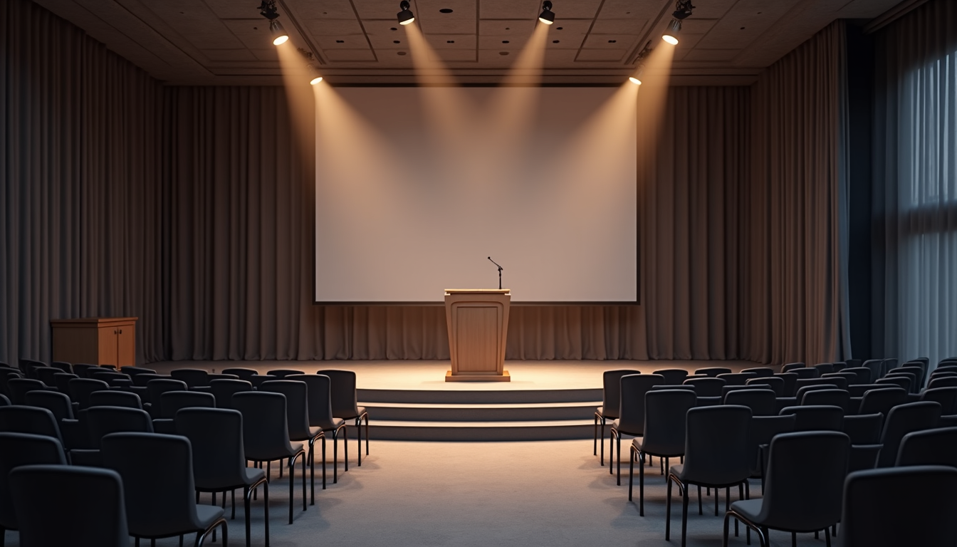 modern seminar setup with stage, microphone, and podium in a stylish conference room, no people, for professional animateur micro services