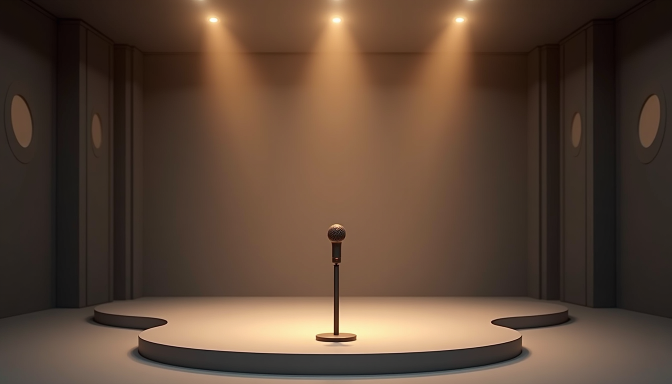 modern corporate event stage with professional microphone setup and sophisticated lighting