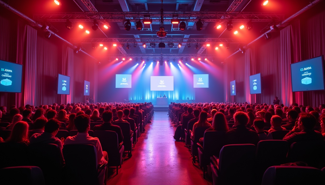 Modern event venue with stylish lighting, stage, and sound system set up for exhibitions and fairs, ready for professional animation micro events